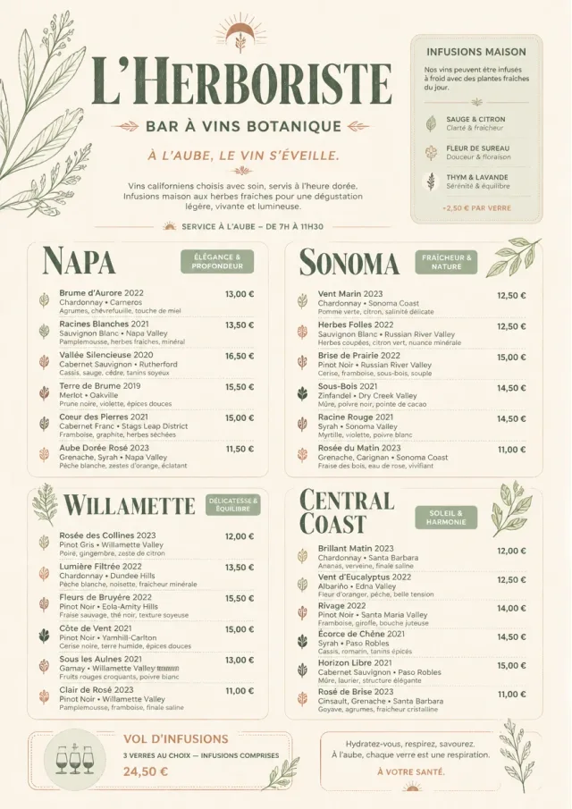 Botanical Infusion wine-menu menu template preview