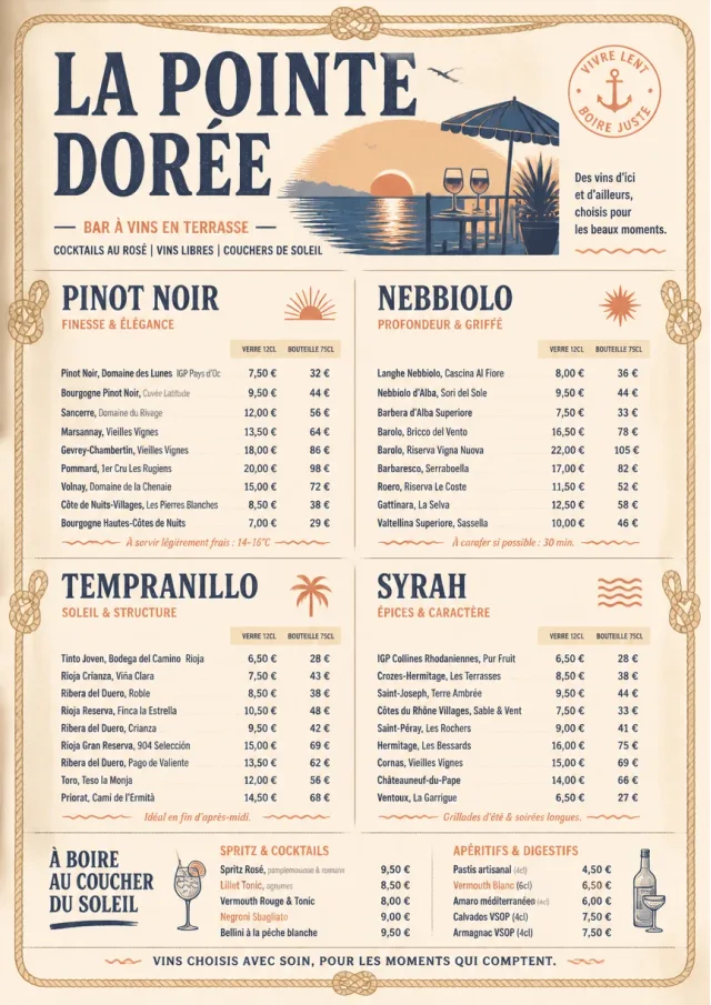 Coastal Sunset wine-menu menu template preview