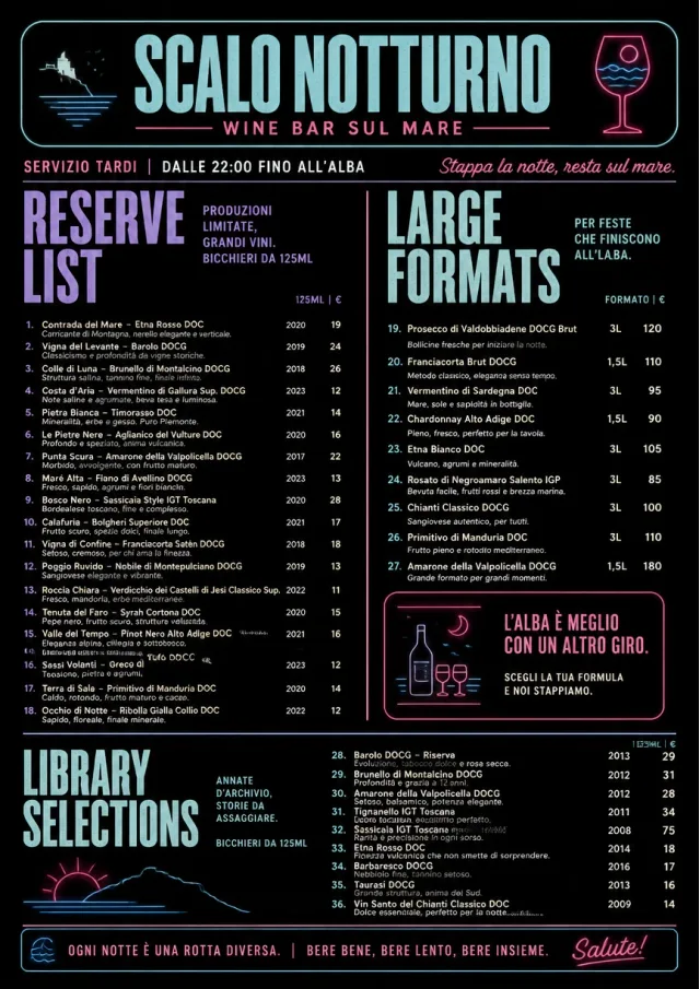 Neon Night Pour wine-menu menu template preview