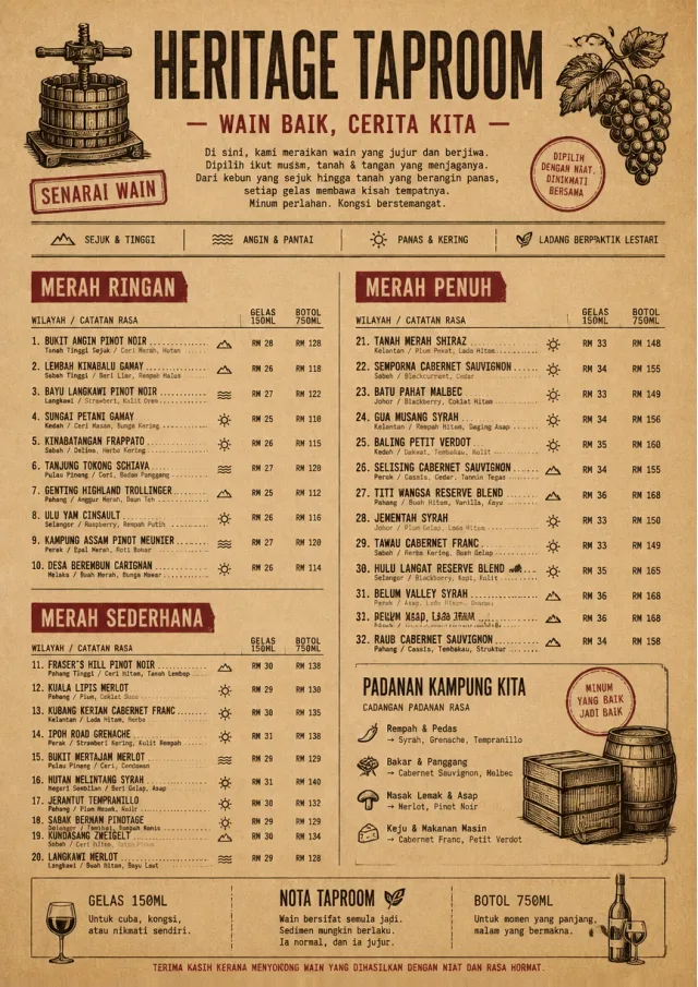 Heritage Taproom wine-menu menu template preview
