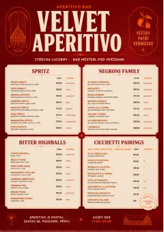 Italian evening aperitivo, plush red velvet, cream typography, vermouth-orange accents, elegant small plates energy menu template preview