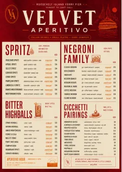 Italian evening aperitivo, plush red velvet, cream typography, vermouth-orange accents, elegant small plates energy menu template preview
