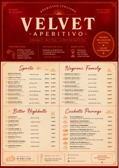 Italian evening aperitivo, plush red velvet, cream typography, vermouth-orange accents, elegant small plates energy menu template preview