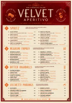 Italian evening aperitivo, plush red velvet, cream typography, vermouth-orange accents, elegant small plates energy menu template preview