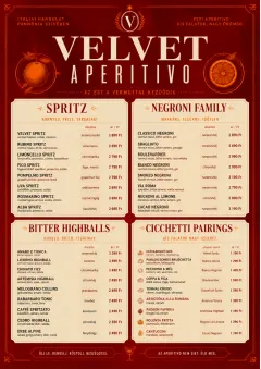 Italian evening aperitivo, plush red velvet, cream typography, vermouth-orange accents, elegant small plates energy menu template preview