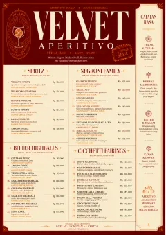 Italian evening aperitivo, plush red velvet, cream typography, vermouth-orange accents, elegant small plates energy menu template preview