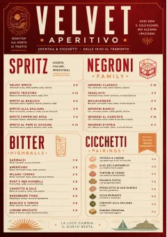 Italian evening aperitivo, plush red velvet, cream typography, vermouth-orange accents, elegant small plates energy menu template preview