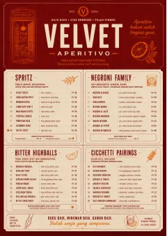 Italian evening aperitivo, plush red velvet, cream typography, vermouth-orange accents, elegant small plates energy menu template preview