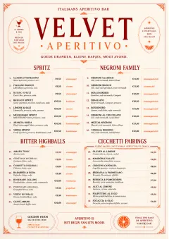 Italian evening aperitivo, plush red velvet, cream typography, vermouth-orange accents, elegant small plates energy menu template preview