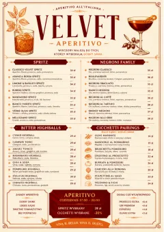 Italian evening aperitivo, plush red velvet, cream typography, vermouth-orange accents, elegant small plates energy menu template preview