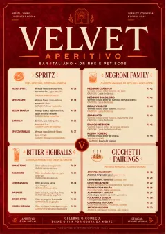 Italian evening aperitivo, plush red velvet, cream typography, vermouth-orange accents, elegant small plates energy menu template preview