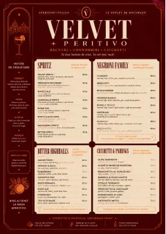 Italian evening aperitivo, plush red velvet, cream typography, vermouth-orange accents, elegant small plates energy menu template preview