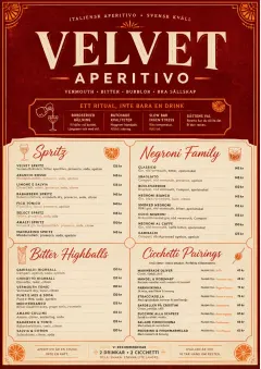 Italian evening aperitivo, plush red velvet, cream typography, vermouth-orange accents, elegant small plates energy menu template preview