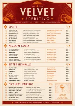 Italian evening aperitivo, plush red velvet, cream typography, vermouth-orange accents, elegant small plates energy menu template preview