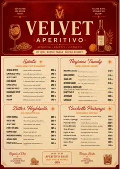 Italian evening aperitivo, plush red velvet, cream typography, vermouth-orange accents, elegant small plates energy menu template preview