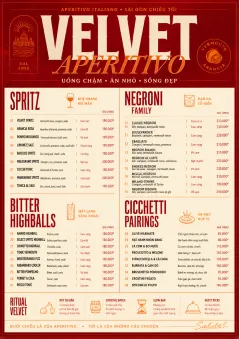 Italian evening aperitivo, plush red velvet, cream typography, vermouth-orange accents, elegant small plates energy menu template preview